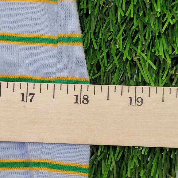 Vintage 90s MOD Stripes Polo Shirt Small 18x26 Blue Green Yellow - Picture 11 of 12